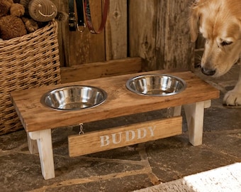Dog Bowl Stand: Elevated Feeder with Stainless Steel Bowls, Personalized pet name