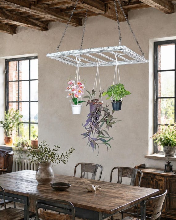 Ladder Pot Rack: Hanging Beech Wood Herb Rack, Pan Ceiling Storage