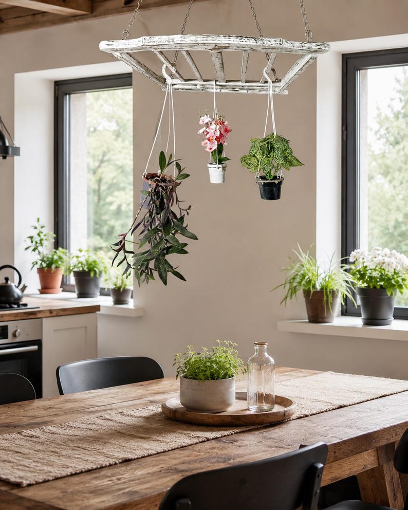 Ladder Pot Rack: Hanging Beech Wood Herb Rack, Pan Ceiling Storage image 4