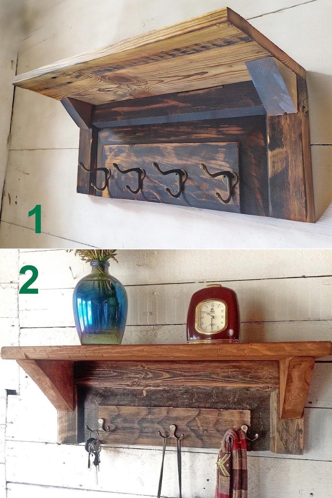 Reclaimed Rustic Wood Entryway Coat Rack With Shelf: Wooden Key Wall ...