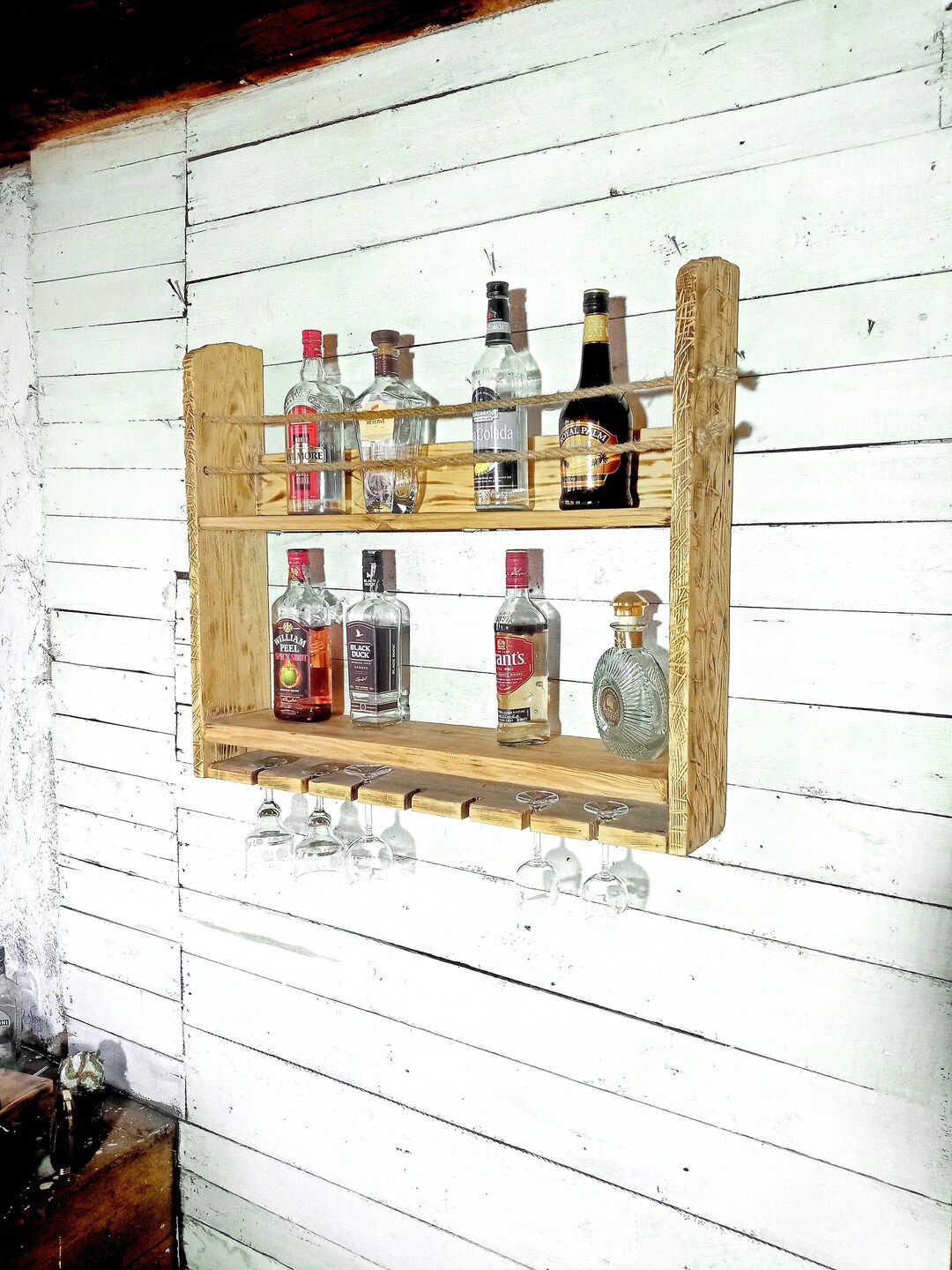 Whiskey Barrel Stave Wall Bar, Rustic Wall Bar, Bar Decor, Bar Shelf