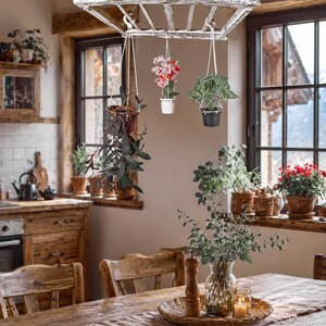 Ladder Pot Rack: Hanging Beech Wood Herb Rack, Pan Ceiling Storage image 3