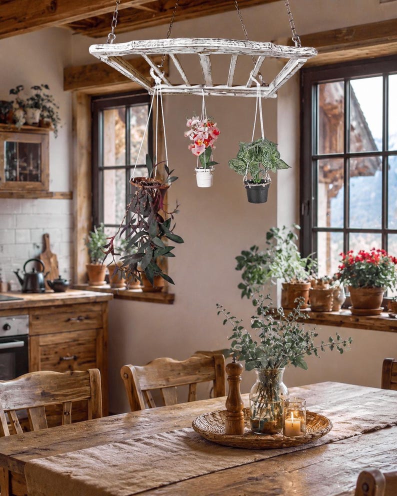 Ladder Pot Rack: Hanging Beech Wood Herb Rack, Pan Ceiling Storage image 3