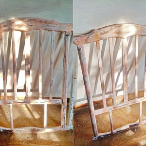 May include: A whitewashed wooden headboard with a slatted design. The headboard is distressed and has a rustic look.