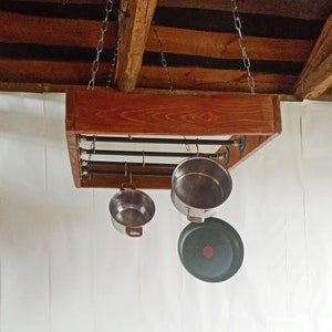 Kitchen pot shelf,  Industrial dish holder, Wooden industrial pot, Rustic pot, Hanging pot rack, Ladder pot rack, Pot rack ceiling