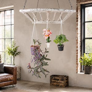 Ladder Pot Rack: Hanging Beech Wood Herb Rack, Pan Ceiling Storage image 6