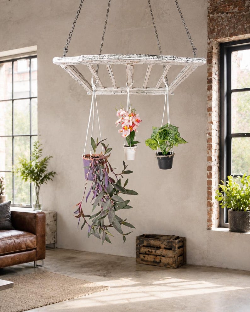 Ladder Pot Rack: Hanging Beech Wood Herb Rack, Pan Ceiling Storage image 6