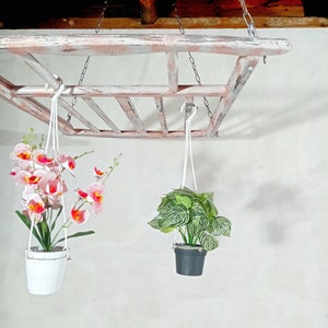 May include: Two hanging plants with white and black pots. The plants are hanging from a rustic wooden frame with chains. The plant on the left has pink and white flowers. The plant on the right has green leaves.