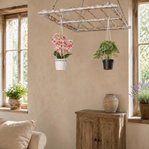 Ladder Pot Rack: Hanging Beech Wood Herb Rack, Pan Ceiling Storage image 7