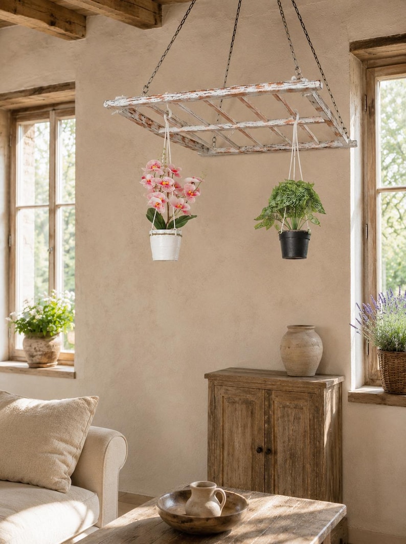 Ladder Pot Rack: Hanging Beech Wood Herb Rack, Pan Ceiling Storage image 7