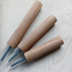 May include: Three wooden dowels with metal screws attached. The dowels are light brown and have a wood grain pattern. The screws are silver and have a threaded design.