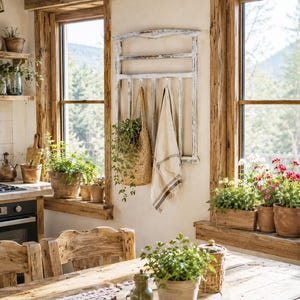 Ladder Pot Rack: Hanging Beech Wood Herb Rack, Pan Ceiling Storage image 2