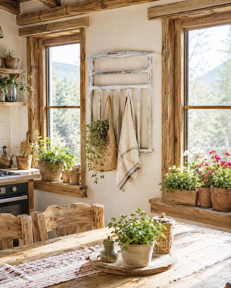 Ladder Pot Rack: Hanging Beech Wood Herb Rack, Pan Ceiling Storage image 2