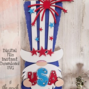 Gnome du 4 juillet, gardienne d'étagère, Gnome SVG, fichier découpé au laser, fichier numérique, Glowforge, États-Unis
