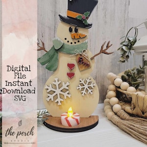Wintersneeuwpop plankoppas, theelichthouder, sneeuwpop SVG, digitale download, Glowforge, bestand knippen