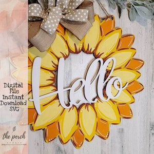Sunflower Hello Door Hanger, Fall door hanger, cut file, svg, sunflower, door wreath, Glowforge