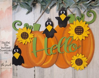 Hallo Kürbis Türschild, Türschild Herbst, Krähen, SVG, Cut File, Herbst Zeichen, Bauernhausdekor