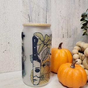 Halloween iced coffee glass cup, libbey glass can, glass tumbler, scary movie tumbler, tumbler with lid and straw, halloween, horror movie