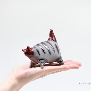 Handmade Striped Ceramic Cat Figurine: Black Tabby Art Sculpture