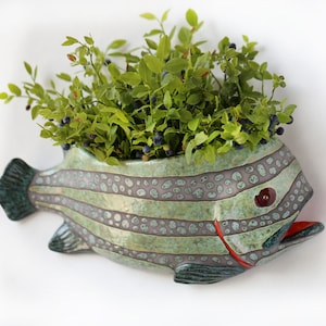 May include: A ceramic fish planter with green and grey stripes and a red mouth. The planter is filled with a green plant with small blue berries.