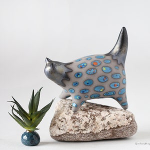 Handmade Ceramic Cat Sculpture: Blue Kitten Figurine, Ring Holder