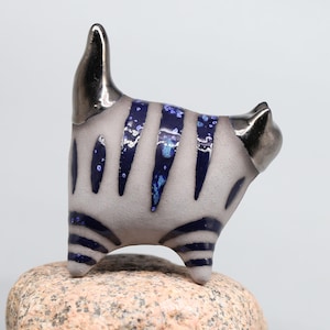 Ceramic Striped Cat Sculpture: Handmade Clay Art Figurine