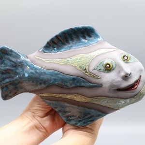 Handmade Ceramic Fish Wall Hanging: Human Face Art Sculpture - MADE TO ORDER!