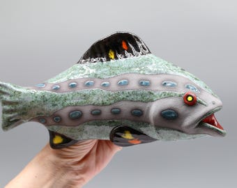 陶器 壁掛け 魚 釉薬 二匹 大きな陶器の魚 / 吊り下げ用の陶器の魚 / 伝統的な陶器 / 陶器の吊り
