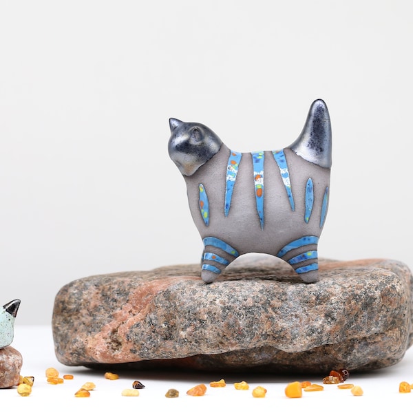 Ceramic cat sculpture, Blue small tabby kitten, Handmade, Gift cat loves, Unique cat, Miniature,  MADE TO ORDER