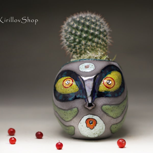Blumentopf mit Gesicht, Handgemachte Keramik Vase, Kaktus Übertopf, Ufo, Keramiktopf für Kaktus oder Sukkulenten, MADE TO ORDER