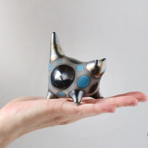 Handmade Ceramic Cat Sculpture: Blue Polka Dot Kitty Statuette