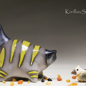 Handmade Ceramic Cat Sculpture: Yellow Striped Art Figurine