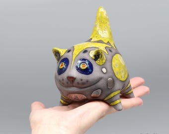 Handmade Ceramic Cat Sculpture: Smiling Tabletop Figurine - MADE TO ORDER!