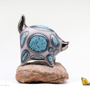 Handmade Ceramic Cat Sculpture: Turquoise & Bronze Glaze Art