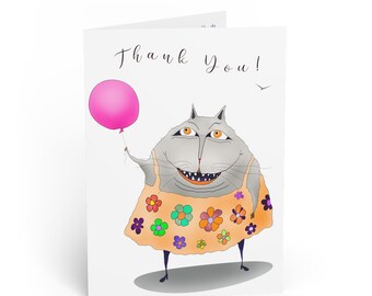 Thank You Card - Cat illustration - Cat Art Greeting Card - 6.9" × 4.9"