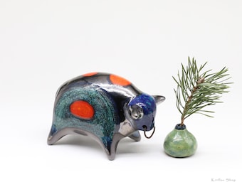 Handmade Ceramic Bull Sculpture: Bronze Glaze Table Decoration - MADE TO ORDER!