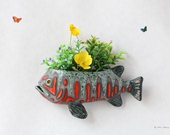 Vase mural en céramique pour fleurs, décoration murale petit poisson, vase à plantes à fixer au mur fait main, décoration d'intérieur, FABRIQUÉ SUR COMMANDE