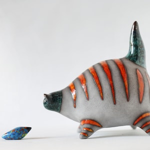 Cat sculpture,  Handmade ceramic  orange cat figurine, Art striped cat, Table decoration, Cat lover gift, MADE TO ORDER