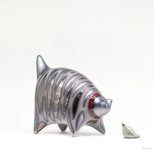 Handmade Striped Cat Sculpture: Black Clay Tabby Figurine