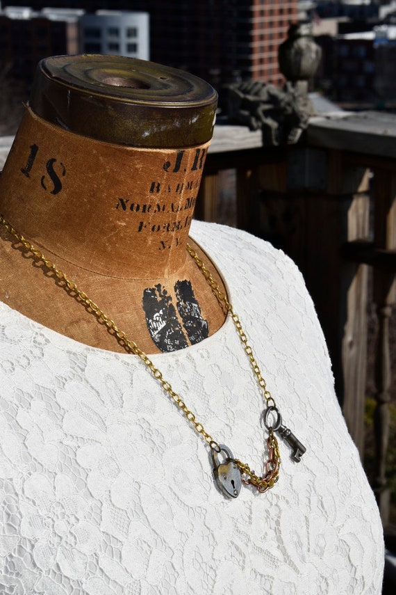 Vintage Heart Shaped Lock and Key Multi Chain Necklace 
