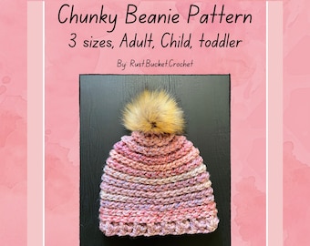Cyfrowy wzór na szydełkową czapkę typu „chunky beanie”: dla dorosłych, dzieci i małych dzieci (wzór w formacie PDF)