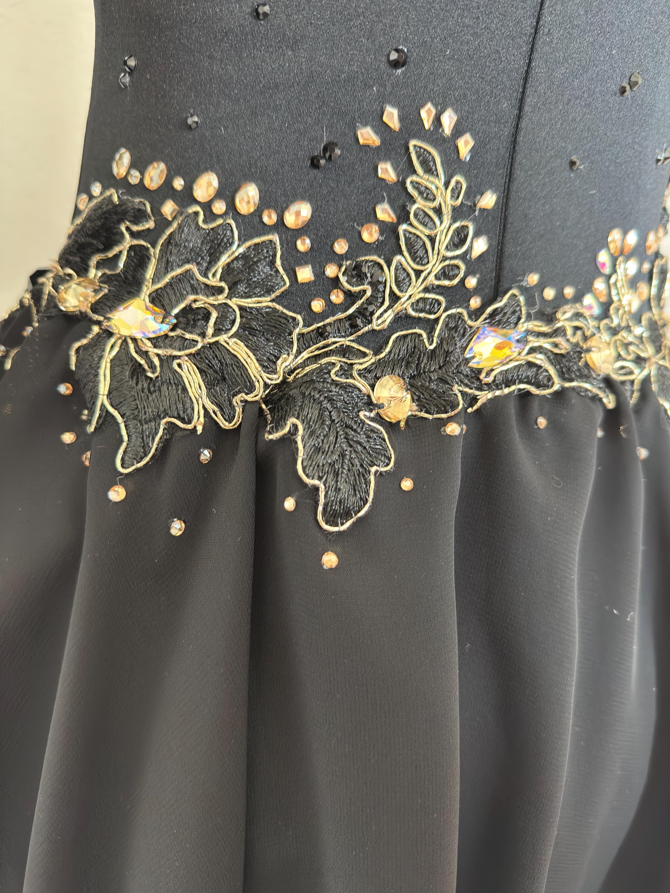 Black Gold Asymmetric Figure Skating Dress | Hand Embellished Competition Costume