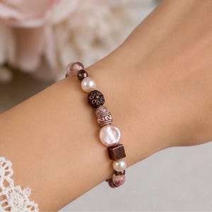 Pink Opal Tourmaline Pearl Jewelry Set, Adjustable Bracelet and Earrings, Antique Copper Handmade Gift for Her