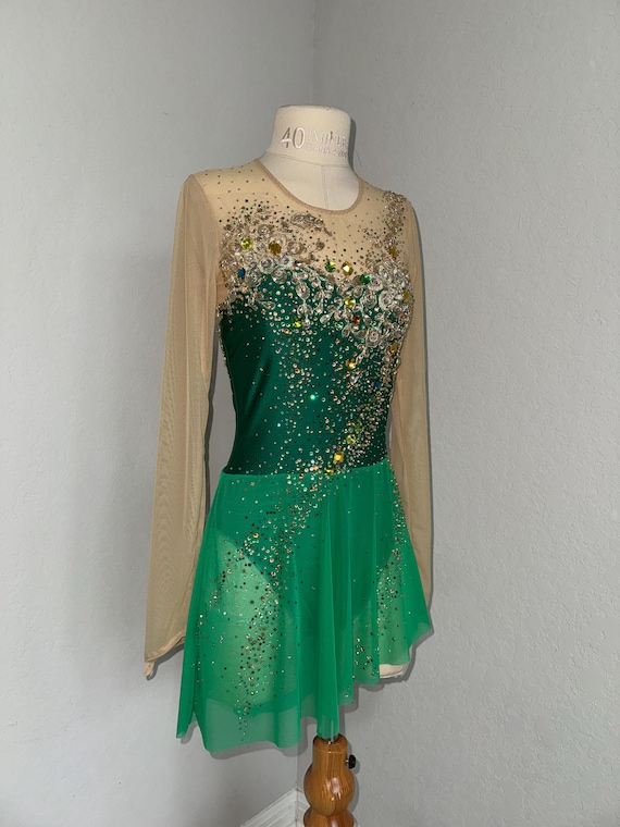 ice gold and green dress Emerald Figure Skating with Lace, Rhinestones Web Collection: Maxi Dresses