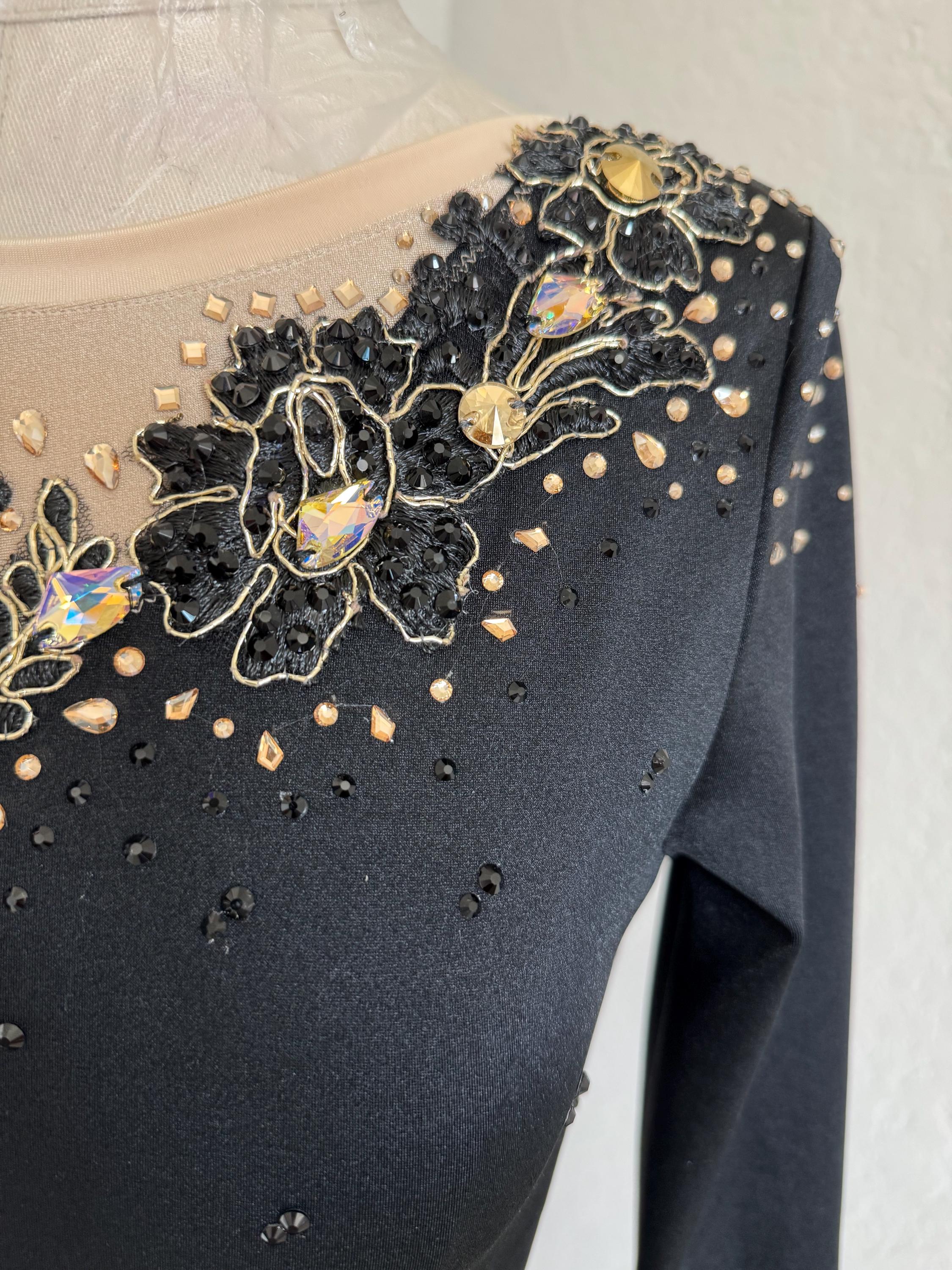 Black Gold Asymmetric Figure Skating Dress | Hand Embellished Competition Costume