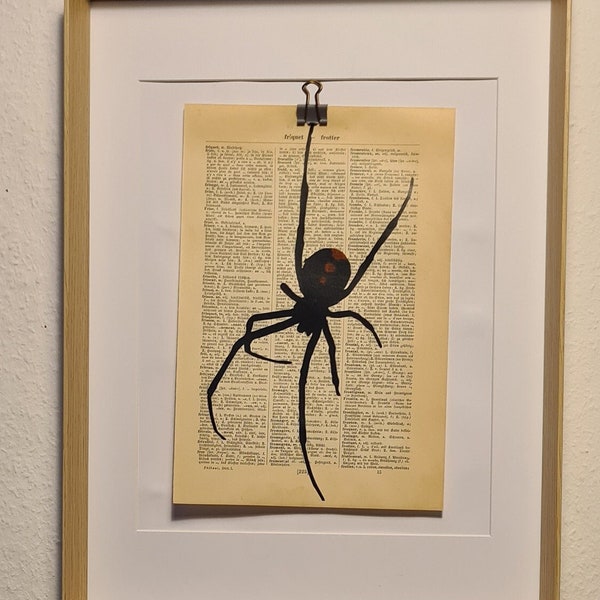 Kunstdruck von einer Spinne, auf Antiker Buchseite, Webspinne, Netz, Arachnologie, Giftig