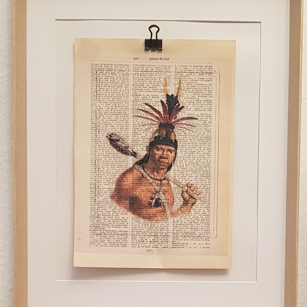 Kunstdruck von einem Stammes Chef Camacan Mongoyo aus  Historische Reise nach Brasilien, auf  Antiker Buchseite, indigene Menschen