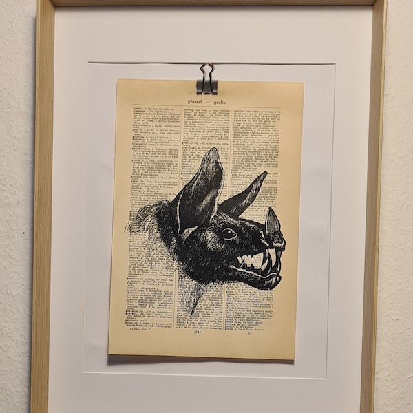 Kunstdruck vom Kopf einer Fledermaus, auf Antiker Buchseite, Flughund, Fauna, Tier, Zoo, Fliegen, Höhle