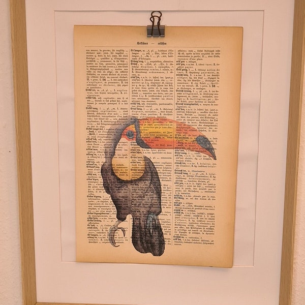 Kunstdruck von einem Tukan in Watercolor, auf Antiker Buchseite, Wasserfarbe, Aquarell, Vogel, Tropen, Fliegen, Schnabel, Orange