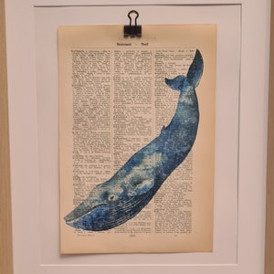 Art print of a whale in watercolor, on antique book page, watercolor, watercolor, mammal, sea, ocean